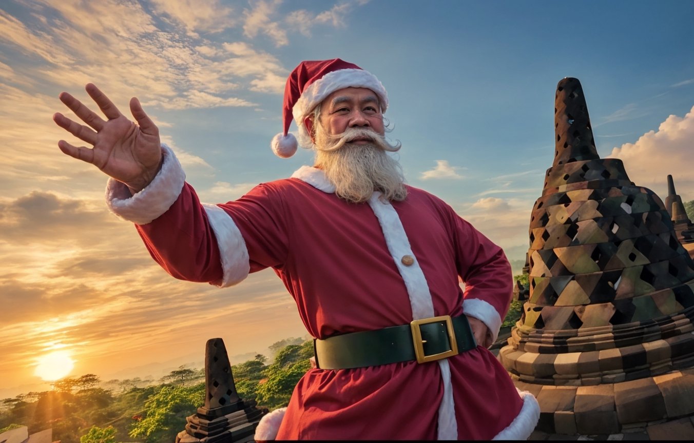 (masterpiece), (realistic), (Indonesia), The Beauty Sunset of Borobudur temple, ((santa claus)) wearing santa costume, photoshoot poses, vacation, (((borobudur temple))), borobudur, (dynamic angle)