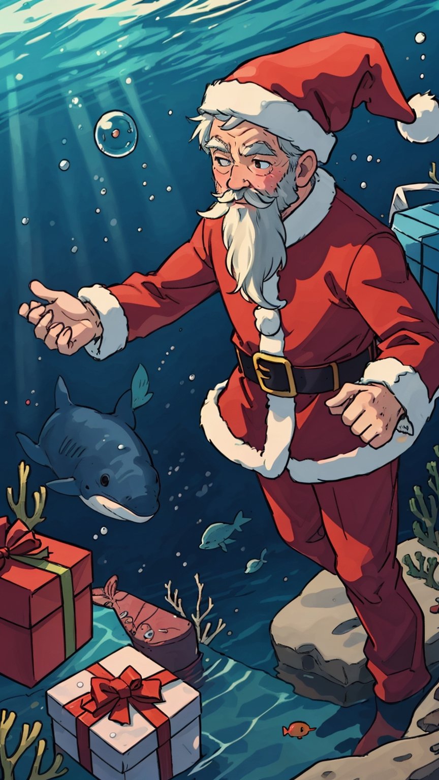 a (santa claus) ((swims)) with whales at the bottom of the sea in diving suit holding a presents in his hands, The surrounding bubbles slowly rise, Sunlight shines obliquely into the water, gift, underwater, sea, whale, fish, old, old man, hat, male focus, solo, santa hat, beard, facial hair, santa costume, christmas, box