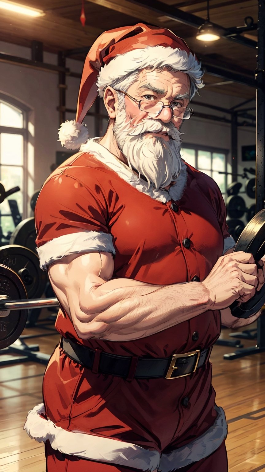 a ((santa clause) holding a barbell in a gym hall) in this christmas photo, weightlifting, old, old man exercise, solo, gym, beard, hat, dumbbell, santa hat, ((santa costume))