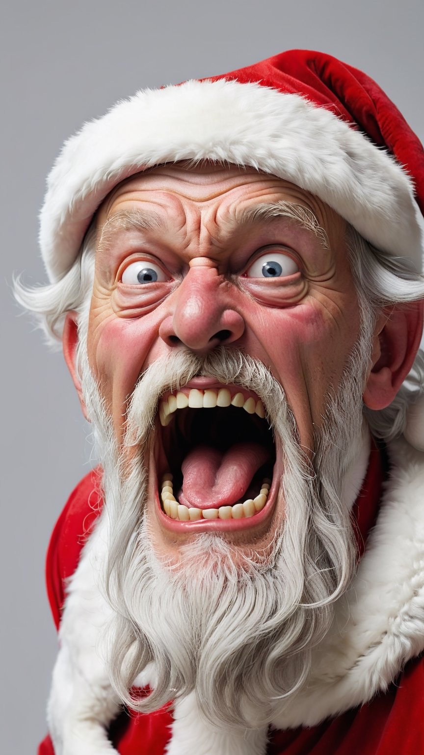 a santa claus has his mouth opened while screaming, old, old man, male focus, solo, facial hair, hat, open mouth, beard, santa hat, santa costume, gray background, simple background, white hair