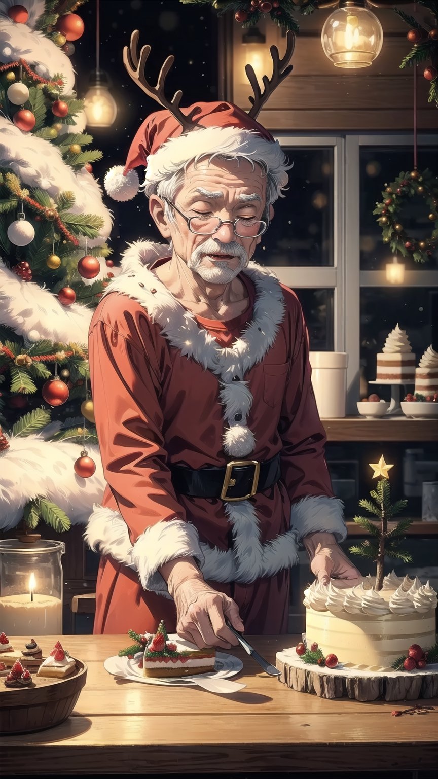 santa claus, (santa costume), (decorating cake:1.2), old, old man, (eyes filled with concentration), (masterpiece best quality:1.2) delicate illustration ultra-detailed, BREAK ((small mascot of Santa Claus & reindeer:1.2) on the Christmas cake), BREAK (pastry shop indoors), Christmas, /(small Christmas tree/)