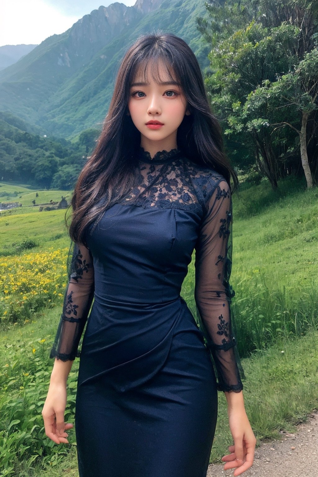 (((masterpiece))),best quality, illustration,(beautiful detailed girl),beautiful detailed glow,(beautiful detailed eyes),expressionless,azure hair,disheveled hair,long bangs, hairs between eyes,(navy 
blue dress),black ribbon, standing and looking at the viewer, mountain background, acmm ss outfit,Myanmar