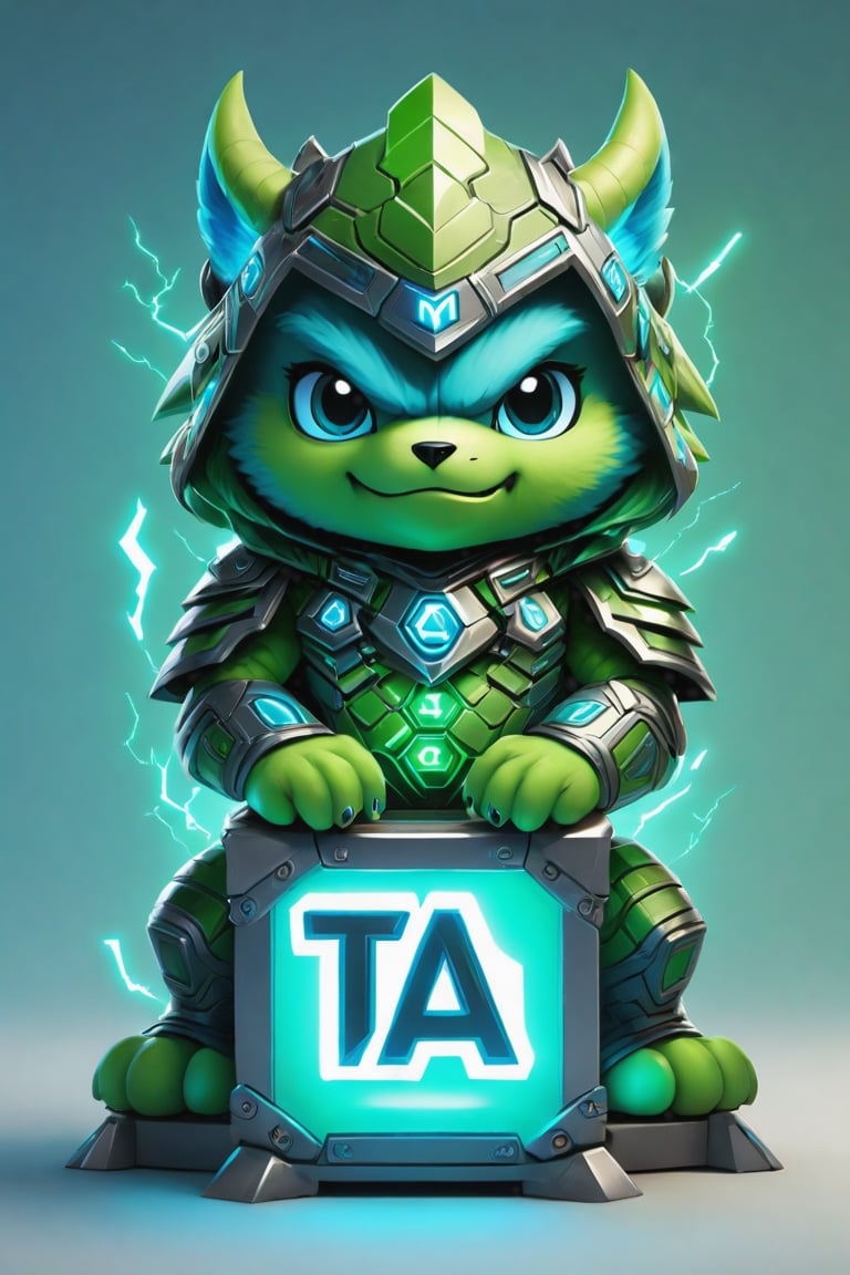 Hexatron, mascot, chibi, blue and green, electric effect, the letters "TA" marked in the mascot chest, High definition, Photo detailed, intricate, production cinematic character render, ultra high quality model,Monster,Leonardo Style, illustration