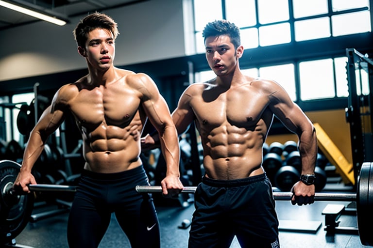 8k, highly detailed, UHD, hyperrealistic image, two handsome boys in a gym, doing excercise