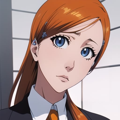 1girl, orange hair, gray eyes, hairclip, school uniform, ((detailed face and eyes)), perfect eyes, intrincate details, masterpiece, best quality, cinematiclighting, inoue orihime, anime ilustration, bleach art style, ((full body)),