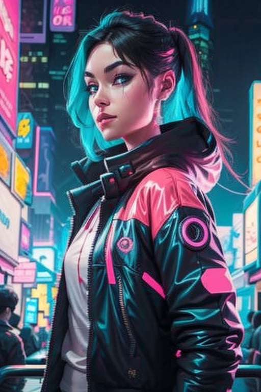 1 woman, close up, smile, cyberpunk, night city, neon lightsm jacket, looking at viewer