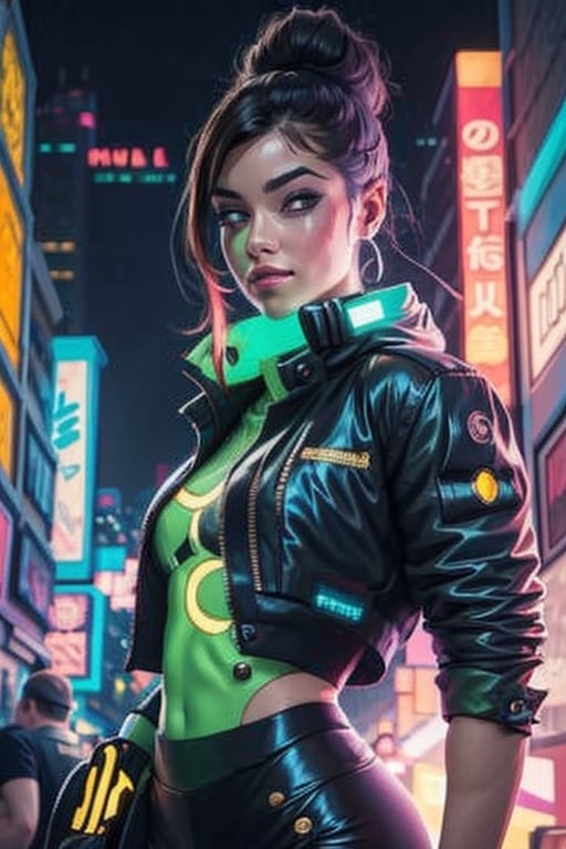 1 woman, close up, smile, cyberpunk, night city, neon lightsm jacket, looking at viewer