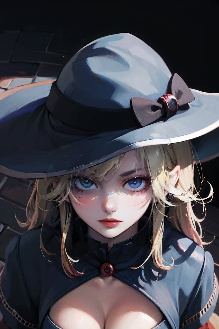 female, ((masterpiece, best quality, ultra detailed, absurdres),
heterochromia ,from above, witch