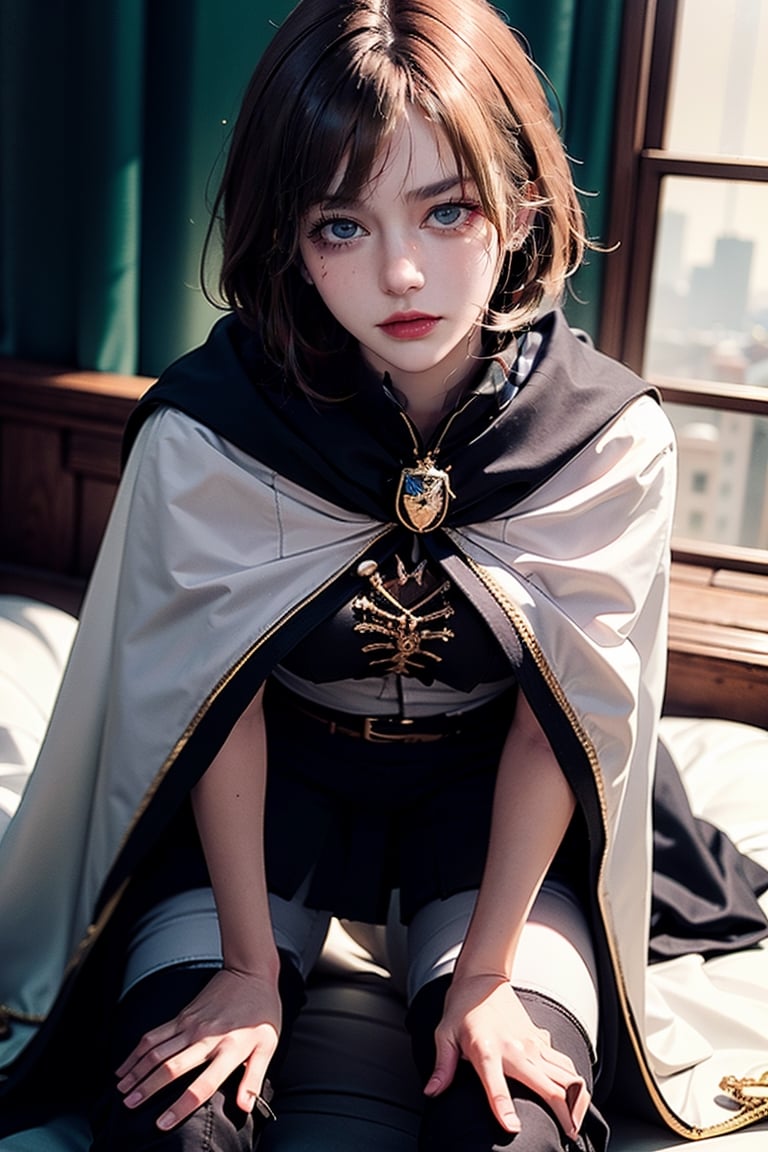 female, ((masterpiece, best quality, ultra detailed, absurdres),
heterochromia ,neia, bags_under_eyes, white shirt, black cloak, brown pants, thigh boots, belt, small pupils,retro,SharpEyess, sitting, on knees,Sexy Pose,standingDoggystyle
