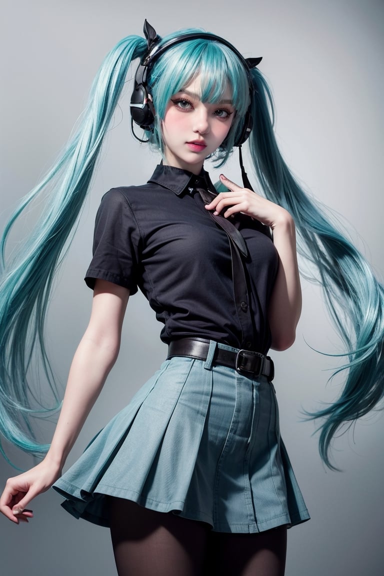 female, ((masterpiece, best quality, ultra detailed, absurdres):1.5),mikusound,miku, hatsune_miku, skirt, holding,shirt, gloves, holding, hair between eyes, twintails, very long hair, closed mouth, standing, short sleeves, pantyhose, pleated skirt, necktie, collared shirt, belt, miniskirt, aqua eyes, blue skirt, black pantyhose, black shirt, aqua hair,head phone, photorealistic, 