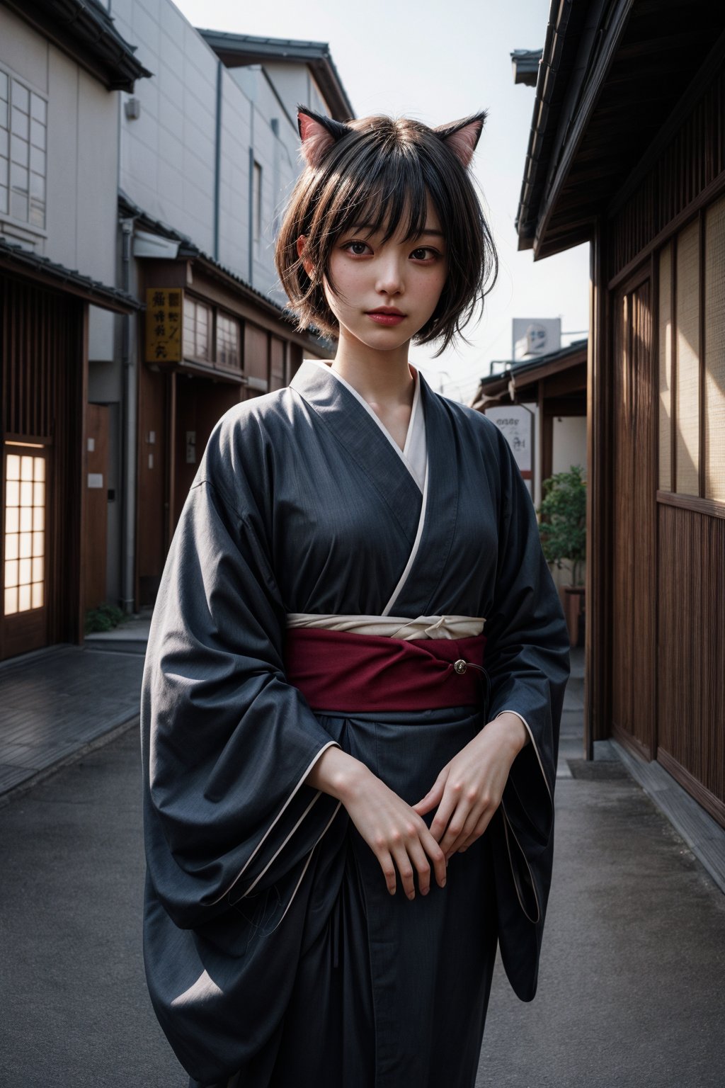 a girl in a kimono ,short hair, cat ears,tatami galaxy, by Maeda Masao, kotegawa yui, shikamimi, chiho, bookshop background, by Eizan Kikukawa, by Shinoda Toko, by Yanagawa Nobusada, tsubasa nakai's style, nishimiya shouk ((masterpiece, best quality)), art by greg rutkowski, trending on artstation  ,dark theme,LightningPunkAI