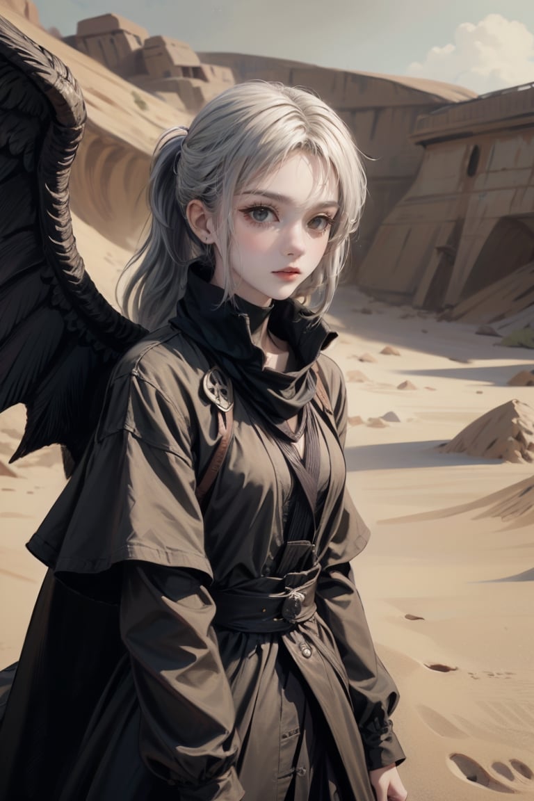 female, ((masterpiece, best quality, ultra detailed, absurdres), ubel, medium hair, hair between eyes, white hair, side ponytail, (purple eyes:1.1),sephiroth , very long hair,  ange wings, devil_horns