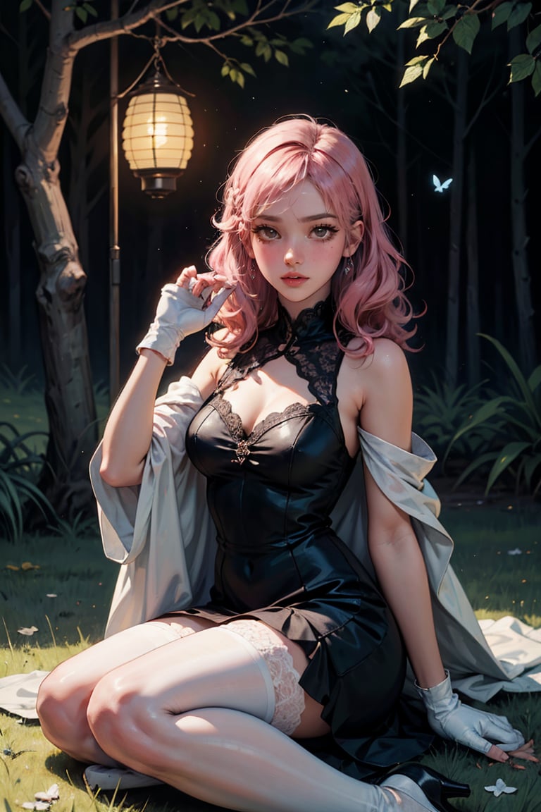 female, ((masterpiece, best quality, ultra detailed, absurdres), girl), (beauty girl), (ultra-high picture quality) ,(ultra realistic,32k, masterpiece:1.2),(high detailed skin:1.1),( high quality:1.1), A cute girl with full, curly pink hair, tan skin, big emerald eyes, wearing a beautiful black lace dress, white gloves, silk white stockings, transparent white crystal shoes, amidst a forest with fireflies and butterflies, an ancient medieval paper lantern illuminating the path.