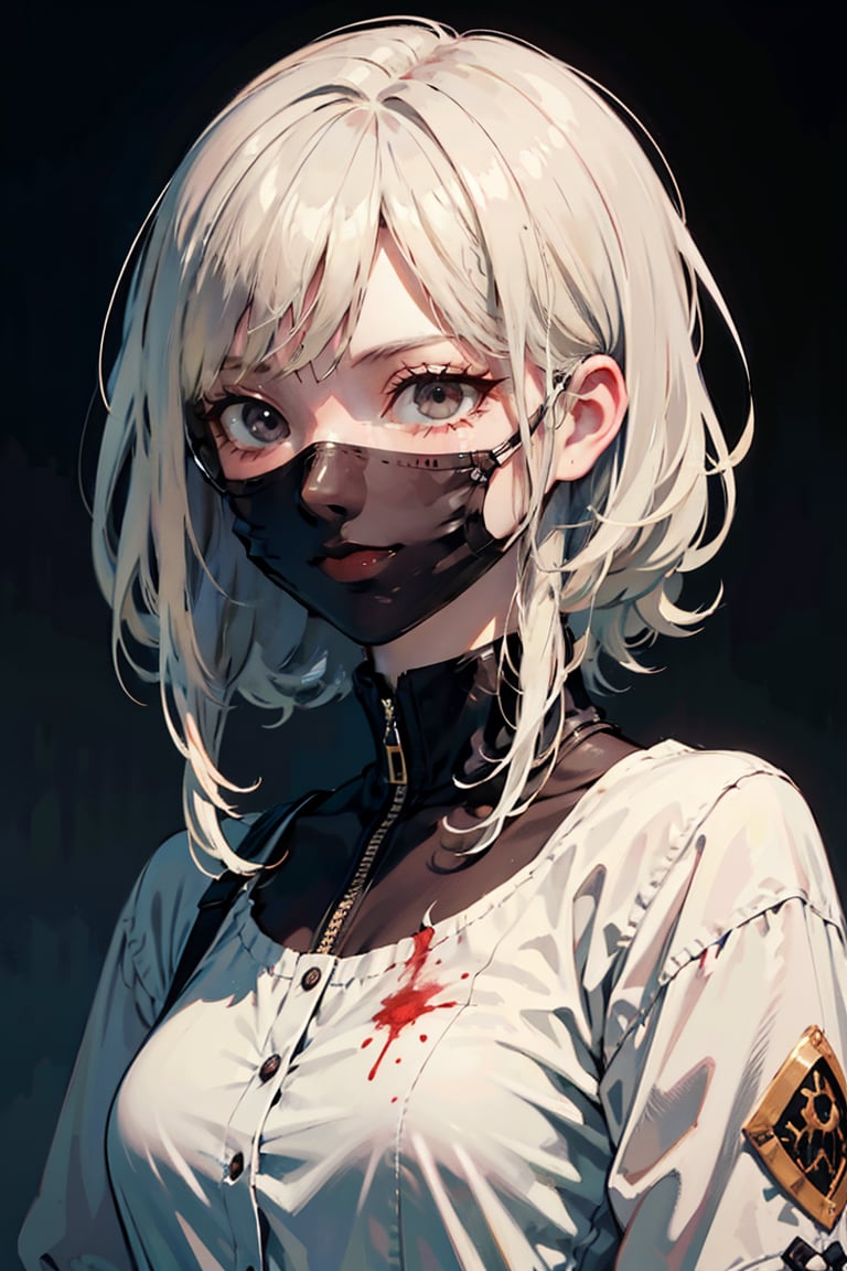 female, ((masterpiece, best quality, ultra detailed, absurdres), girl), (beauty girl), (ultra-high picture quality) ,(ultra realistic,32k, masterpiece:1.2),(high detailed skin:1.1),( high quality:1.1), A cute girl with white hair, wearing a (bloody smile mask), dramatic lighting, portrait format, dramatic and gothic background, masculine features, Red eyes.