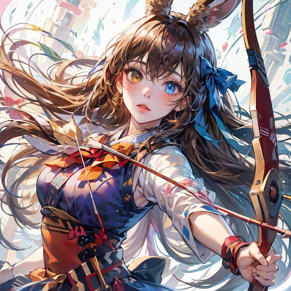 female, ((masterpiece, best quality, ultra detailed, absurdres),solo, 1girl,solo,small breasts,looking at viewer, heterochromia  ,looking at viewer, long hair, bangs, brown hair,bow,arrow,archer, bunny ears, arrow japanese, dynamic pose, blue_yukata