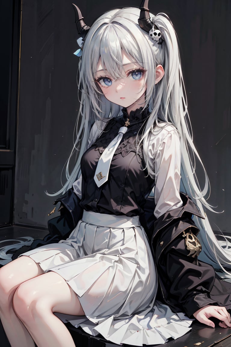 female, ((masterpiece, best quality, ultra detailed, absurdres), girl), (beauty girl), (ultra-high picture quality),white hair,hornsgirl, shirt, long skirt, skull