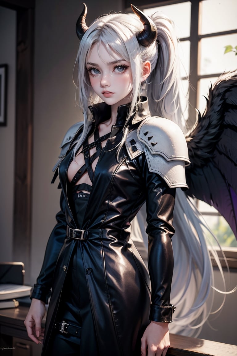 female, ((masterpiece, best quality, ultra detailed, absurdres), ubel, medium hair, hair between eyes, white hair, side ponytail, (purple eyes:1.1),sephiroth , very long hair,  ange wings, devil_horns