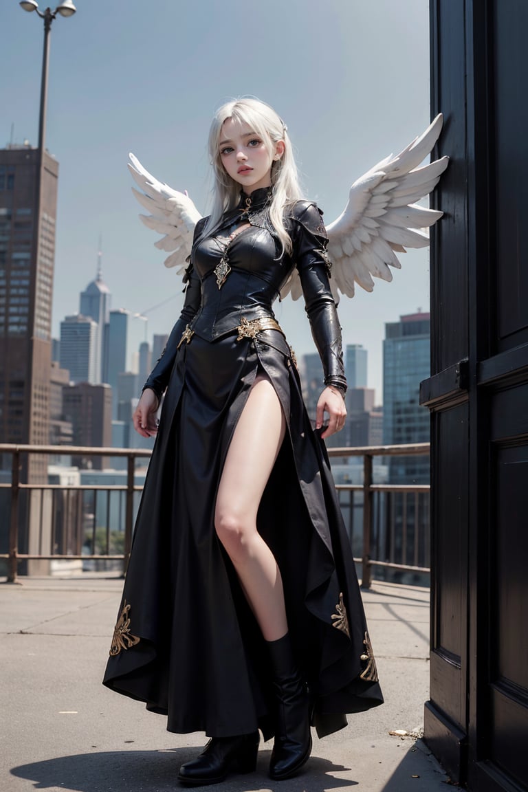 female, ((masterpiece, best quality, ultra detailed, absurdres), girl), (beauty girl), (ultra-high picture quality),white hair,hornsgirl, long skirt, standing, wide shot, full_body, from below, witch, angel_wings, cybernetic, city background, 
