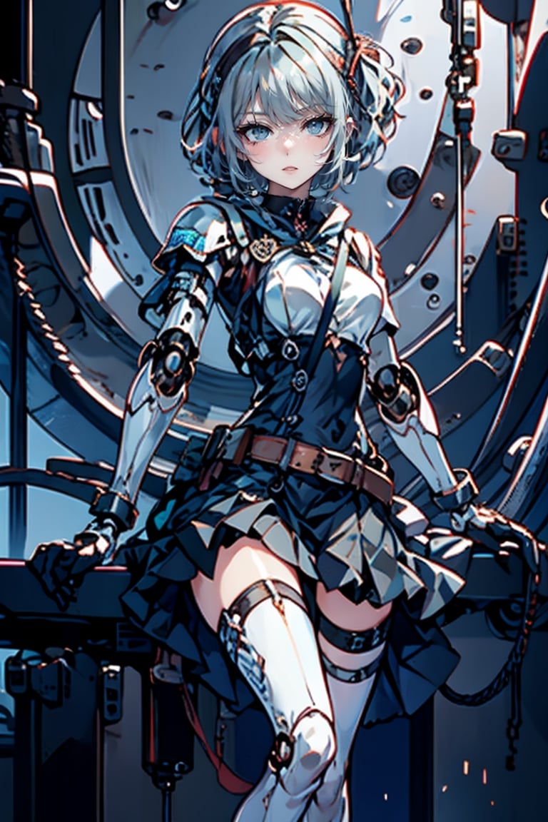 female, ((masterpiece, best quality, ultra detailed, absurdres),solo, 1girl,solo,small breasts,looking at viewer, heterochromia, skirt, black gloves, ,adress2, long dress, cybernetic,Pixel art