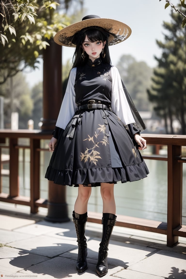 female, ((masterpiece, best quality, ultra detailed, absurdres),
1girl,solo,long hair,looking at viewer,black hair,long sleeves,hat,dress,standing,full body,weapon,boots,outdoors,belt, sword,black footwear, blurry background,sheath,
hanfu,hanfuskirt,portrait