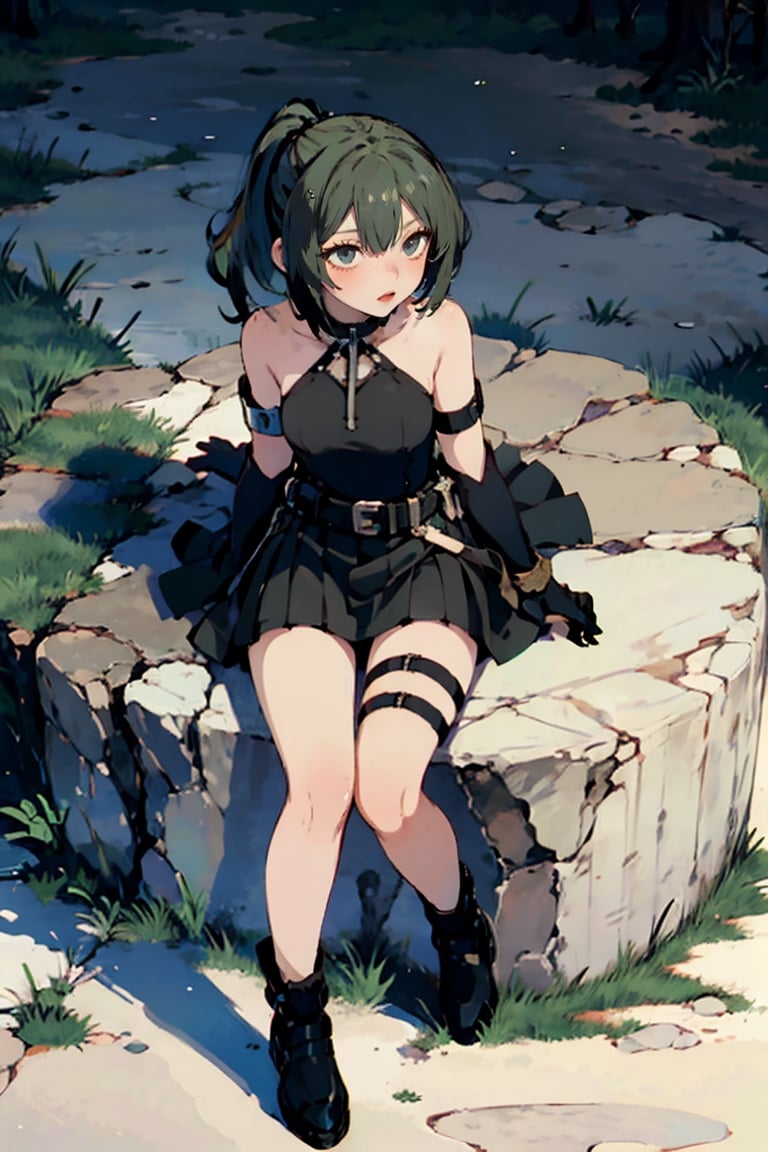 female, ((masterpiece, best quality, ultra detailed, absurdres),
ubel, medium hair, hair between eyes, green hair, side ponytail, (purple eyes:1.1),skirt, gloves, dress, bare shoulders, pleated skirt, sleeveless, black gloves, elbow gloves, belt, miniskirt, black skirt, black footwear, (black dress:1.5), thigh strap, sleeveless dress, halterneck, armband, single glove, black belt, pleated dress, arm strap,dragon ear,SharpEyess, sitting, from above