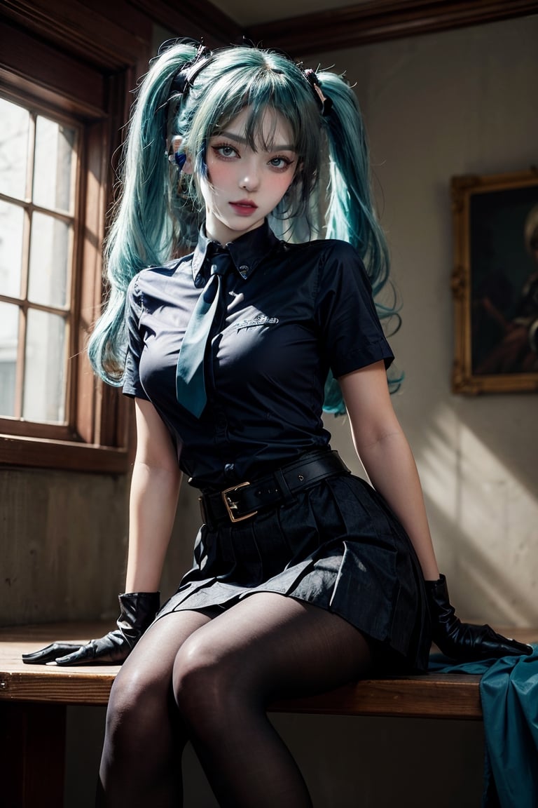 female, ((masterpiece, best quality, ultra detailed, absurdres):1.5),mikusound,,miku, hatsune_miku, skirt, holding,shirt, gloves, holding, hair between eyes, twintails, very long hair, closed mouth, standing, short sleeves, pantyhose, pleated skirt, necktie, collared shirt, belt, miniskirt, aqua eyes, blue skirt, black pantyhose, black shirt, aqua hair,head phone, photorealistic, sitting