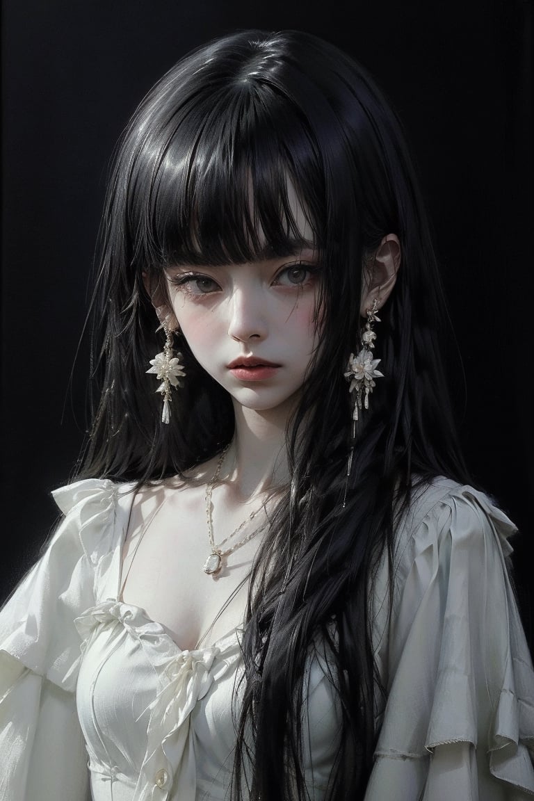 female, ((masterpiece, best quality, ultra detailed, absurdres):1.5), 1girl,solo,1girl,solo,long hair,looking at viewer,bangs,shirt,black hair,jewelry,closed mouth,white shirt,upper body,earrings,blunt bangs,white dress,black eyes,lips,black background,hime hair,sharp eyes