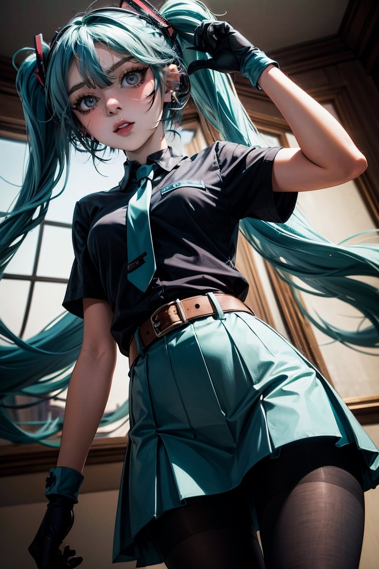 female, ((masterpiece, best quality, ultra detailed, absurdres):1.5),mikusound,miku, hatsune_miku, skirt, holding,shirt, gloves, holding, hair between eyes, twintails, very long hair, closed mouth, standing, short sleeves, pantyhose, pleated skirt, necktie, collared shirt, belt, miniskirt, aqua eyes, blue skirt, black pantyhose, black shirt, aqua hair,head phone, ,photorealistic, viewed_from_below