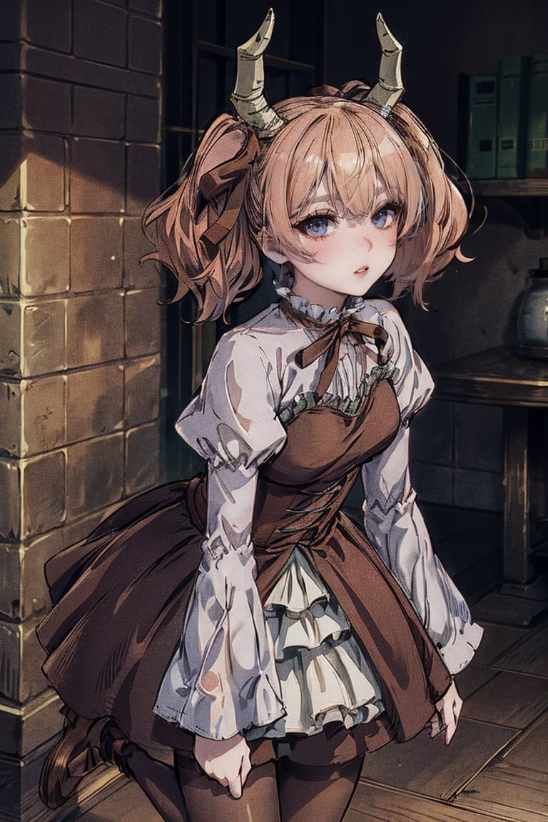 female, ((masterpiece, best quality, ultra detailed, absurdres),
liniefrieren, long sleeves, ribbon, hair between eyes, twintails, hair ribbon, horns, puffy sleeves, juliet sleeves, brown bow, brown ribbon, pantyhose, brown footwear, brown dress, wide sleeves,liniefrieren