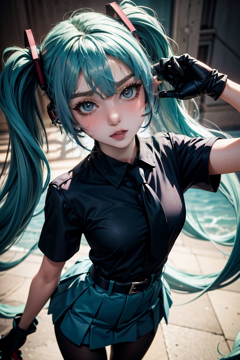 female, ((masterpiece, best quality, ultra detailed, absurdres):1.5),mikusound,,miku, hatsune_miku, skirt, holding,shirt, gloves, holding, hair between eyes, twintails, very long hair, closed mouth, standing, short sleeves, pantyhose, pleated skirt, necktie, collared shirt, belt, miniskirt, aqua eyes, blue skirt, black pantyhose, black shirt, aqua hair,head phone, photorealistic, viewed_from_above