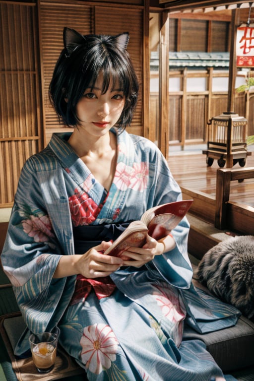 a girl in a kimono ,short hair, cat ears,holding a book,tatami galaxy, by Maeda Masao, kotegawa yui, shikamimi, chiho, by Eizan Kikukawa, by Shinoda Toko, by Yanagawa Nobusada, tsubasa nakai's style, nishimiya shouk ((masterpiece, best quality)), art by greg rutkowski, trending on artstation  ,