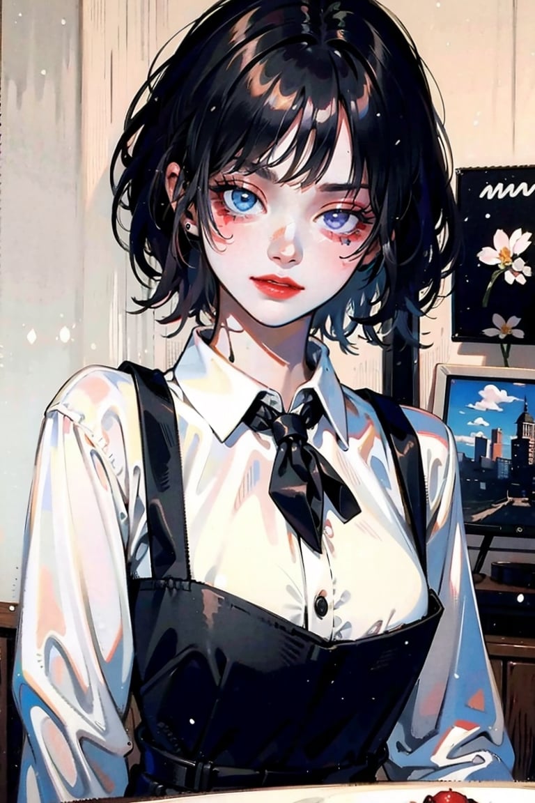 female,(masterpiece, best quality, ultra detailed, absurdres)1.5,white shirt black dress neck ribbon,1girl short hair