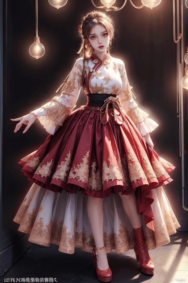 female, ((masterpiece, best quality, ultra detailed, absurdres):1.5), 1girl,solo,long sleeves,dress,full body,frills,wide sleeves,sleeves past wrists,red skirt,chinese clothes,red footwear,sleeves past fingers,hanfu,fantasy,background, sitting