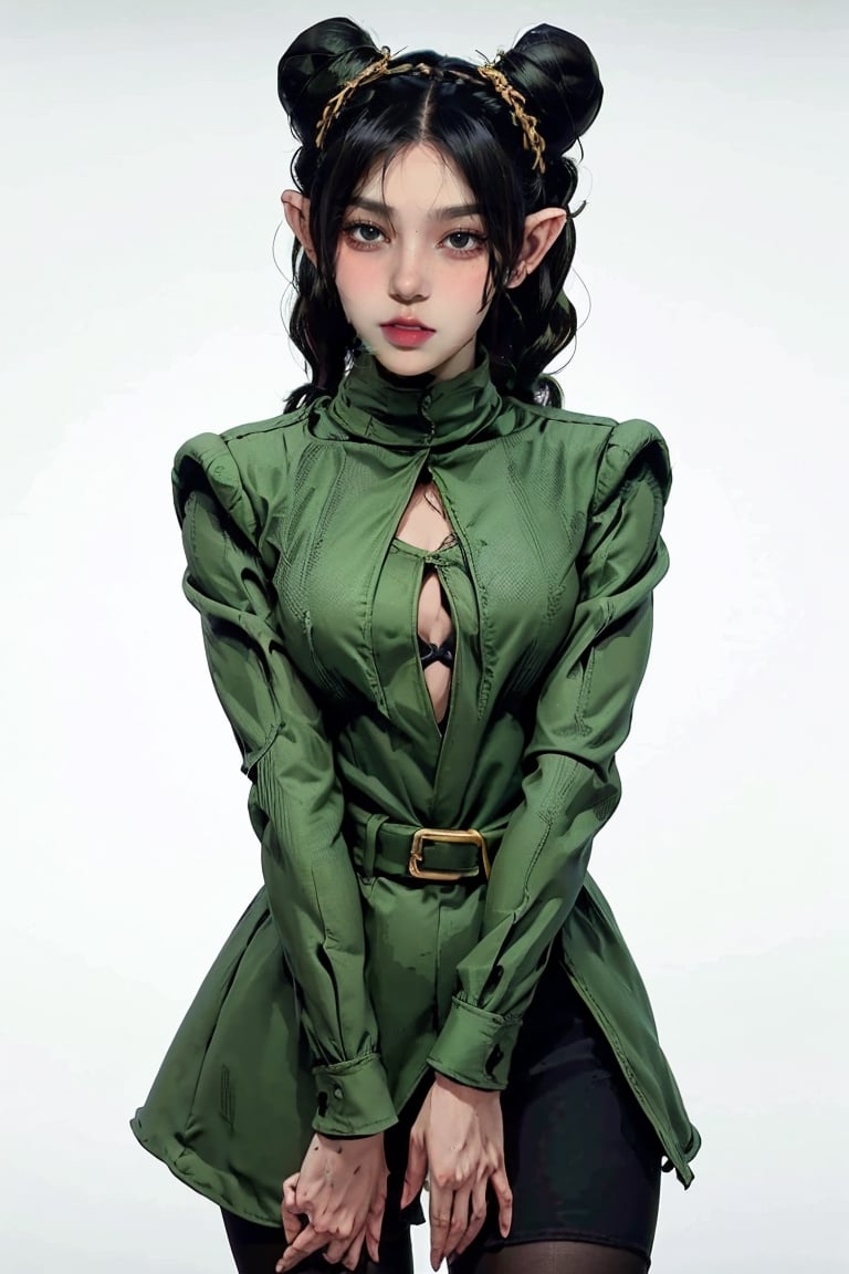 female, ((masterpiece, best quality, ultra detailed, absurdres):1, frieren, long hair, twintails, (green eyes:1.5), grey hair, pointy ears, elf,
shirt, long sleeves, jewelry, pantyhose, earrings, striped, black pantyhose, capelet, striped shirt, dragon ears,dragon ear,frieren