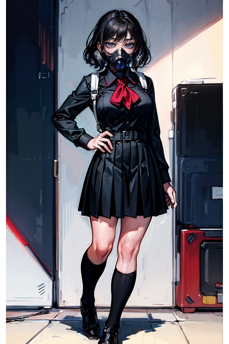 female, ((masterpiece, best quality, ultra detailed, absurdres):1.5), 1girl, beautiful, ZGirl, black uniform, school_uniform,ZGirl, wearing gas mask,gas mask,spidergwen