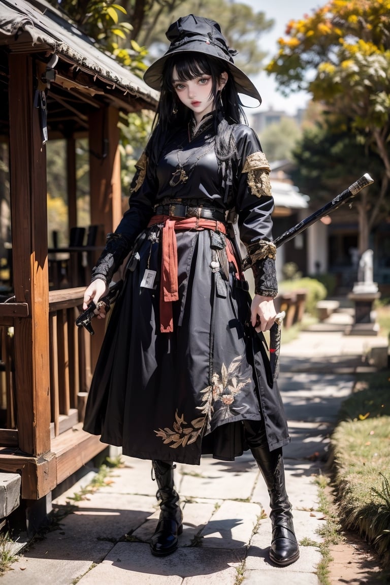 female, ((masterpiece, best quality, ultra detailed, absurdres),
1girl,solo,long hair,looking at viewer,black hair,long sleeves,hat,dress,standing,full body,weapon,boots,outdoors,belt, sword,black footwear, blurry background,sheath,
hanfu,hanfuskirt