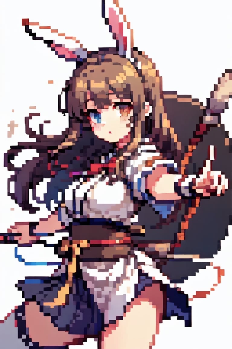 female, ((masterpiece, best quality, ultra detailed, absurdres),solo, 1girl,solo,small breasts,looking at viewer, heterochromia  ,looking at viewer, long hair, bangs, brown hair,bow,arrow,archer, bunny ears, arrow japanese, dynamic pose, blue_yukata,Pixel art