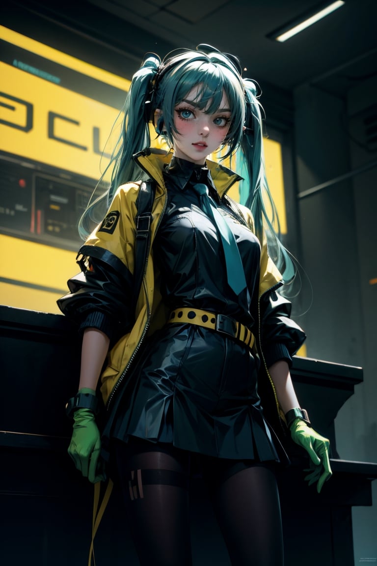 female, ((masterpiece, best quality, ultra detailed, absurdres):1.5),mikusound,miku, hatsune_miku, skirt, holding,shirt, gloves, holding, hair between eyes, twintails, very long hair, closed mouth, standing, short sleeves, pantyhose, pleated skirt, necktie, collared shirt, belt, miniskirt, aqua eyes, blue skirt, black pantyhose, black shirt, aqua hair,head phone, ,photorealistic, viewed_from_below