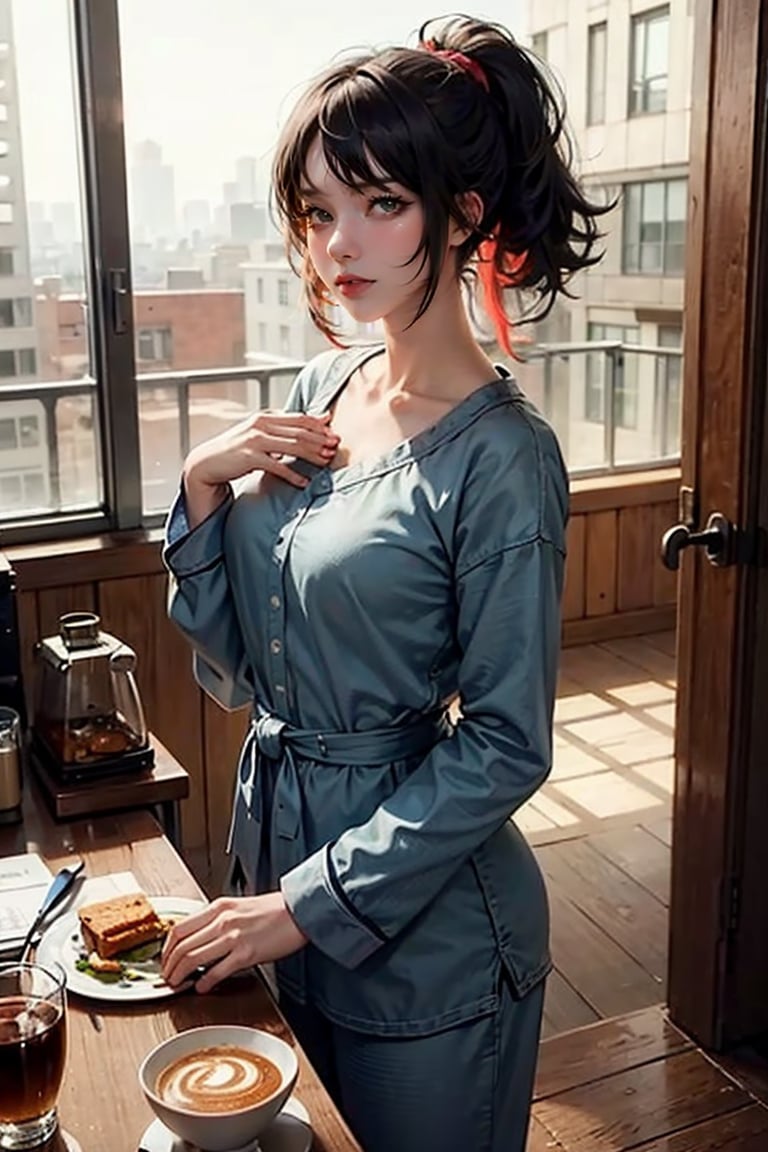 (4k), (masterpiece), (best quality),(extremely intricate), (realistic), (sharp focus), (award winning), (cinematic lighting), (extremely detailed), (epic), 

1girl, long hair, ponytail hair, red hair, honey eyes, cute smile, cute eyes, huge smile, happy, flat chest,
Wearing pyjamas, morning routine, breakfast, coffee