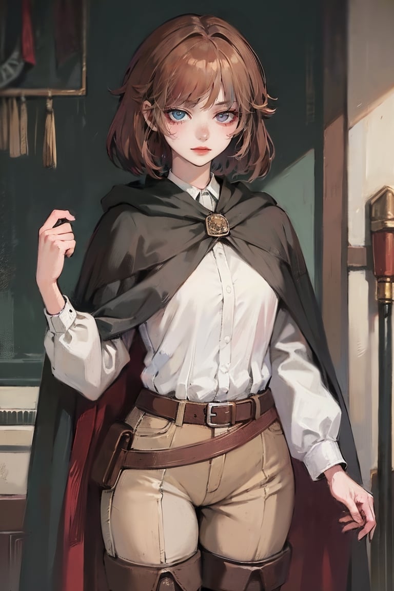 female, ((masterpiece, best quality, ultra detailed, absurdres),
heterochromia ,neia, bags_under_eyes, white shirt, black cloak, brown pants, thigh boots, belt, small pupils,retro,chung