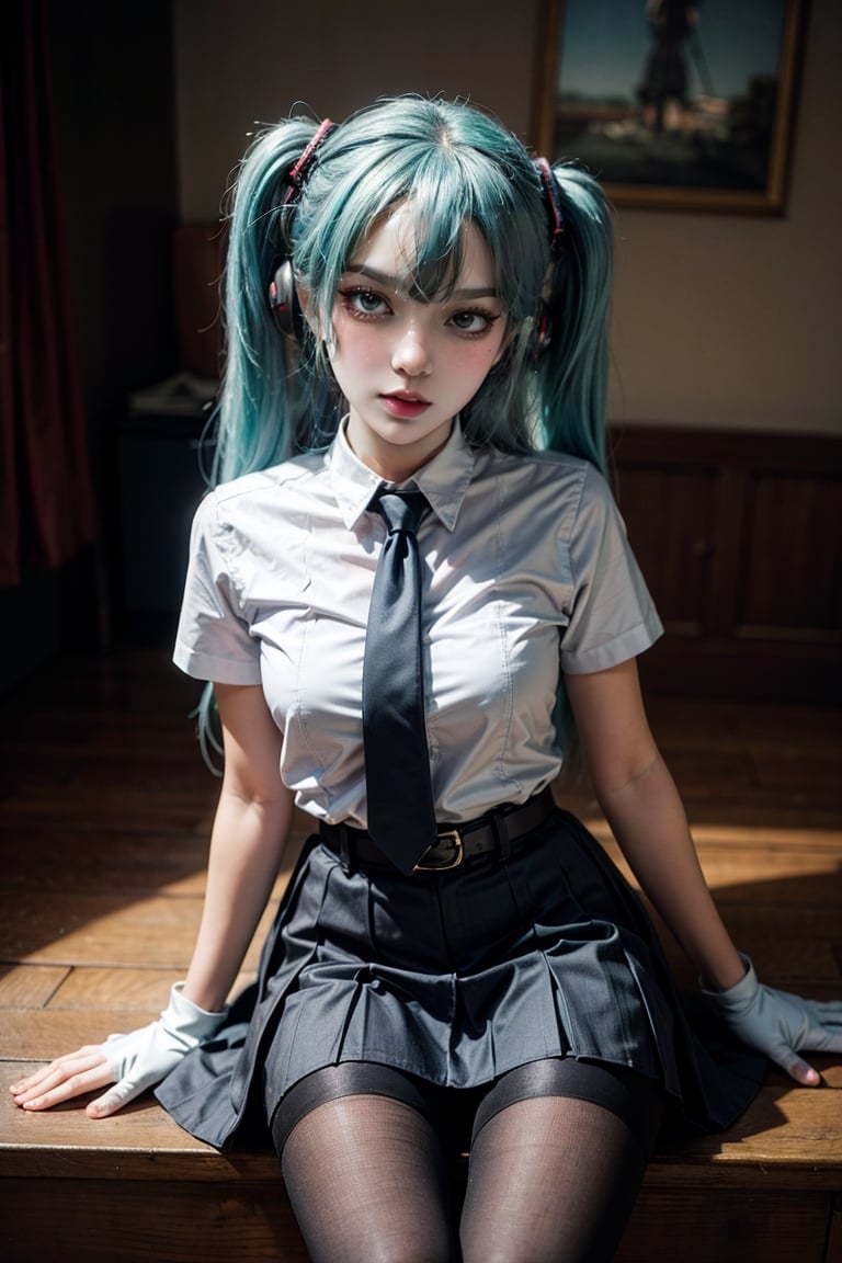 female, ((masterpiece, best quality, ultra detailed, absurdres):1.5),mikusound,miku, hatsune_miku, skirt, holding,shirt, gloves, holding, hair between eyes, twintails, very long hair, closed mouth, standing, short sleeves, pantyhose, pleated skirt, necktie, collared shirt, belt, miniskirt, aqua eyes, blue skirt, black pantyhose, black shirt, aqua hair,head phone, photorealistic, sitting, pov_eye_contact