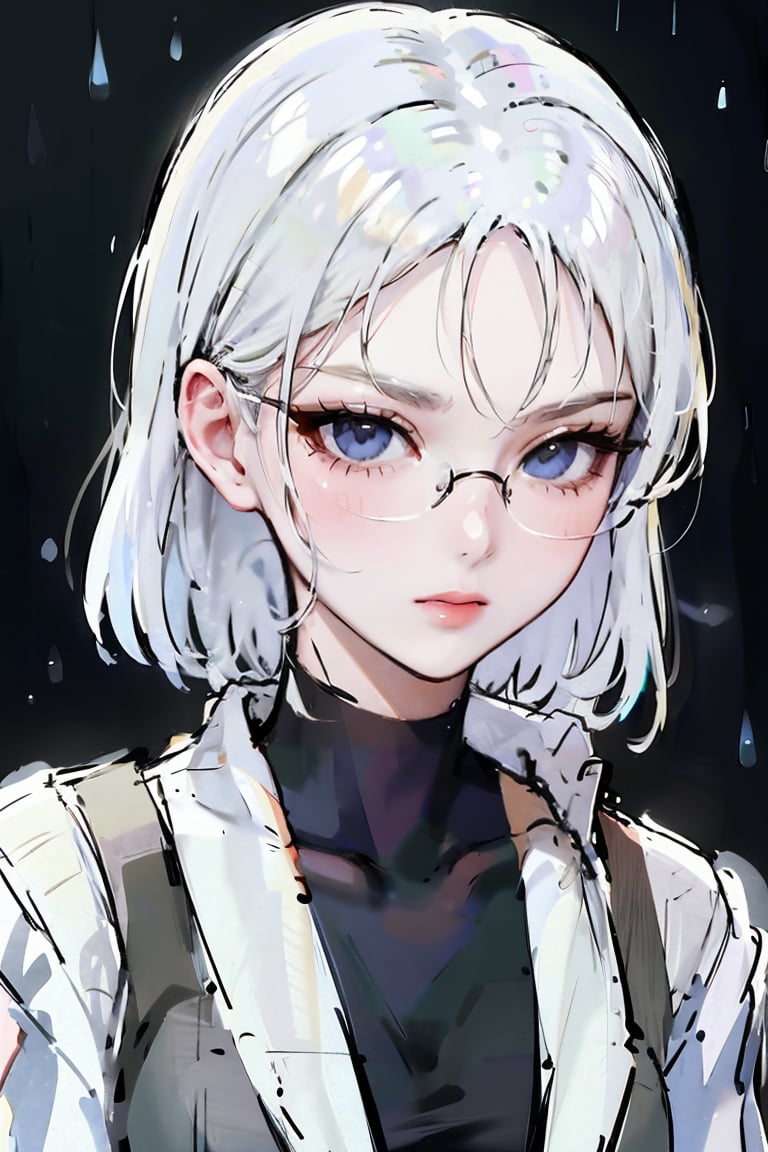 female, ((masterpiece, best quality, ultra detailed, absurdres), girl), (beauty girl), (ultra-high picture quality),rain, white hair,SharpEyess