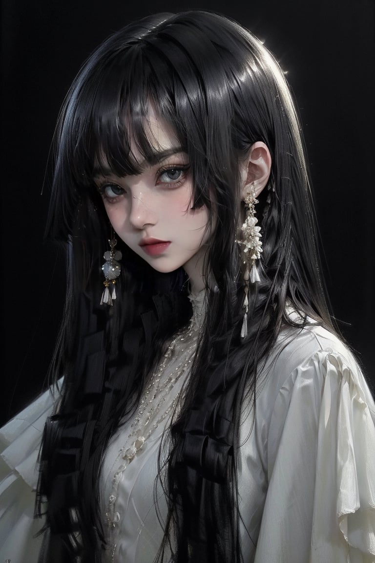 female, ((masterpiece, best quality, ultra detailed, absurdres):1.5), 1girl,solo,1girl,solo,long hair,looking at viewer,bangs,shirt,black hair,jewelry,closed mouth,white shirt,upper body,earrings,blunt bangs,white dress,black eyes,lips,black background,hime hair,sharp eyes