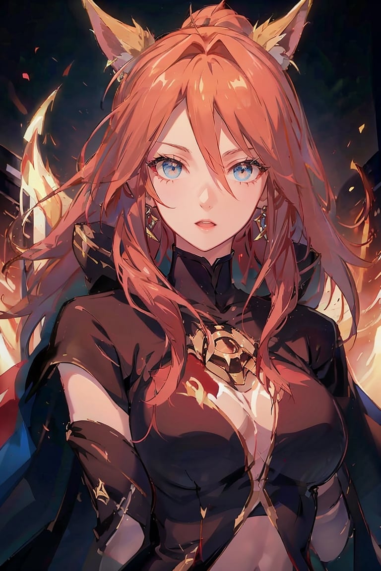 masterpiece:1.2), best quality, PIXIV, arcana, arcana, solo, red hair, white hair,fire power, long hair, dragon  fire, spirit, croptop, cloak,lina, cloak