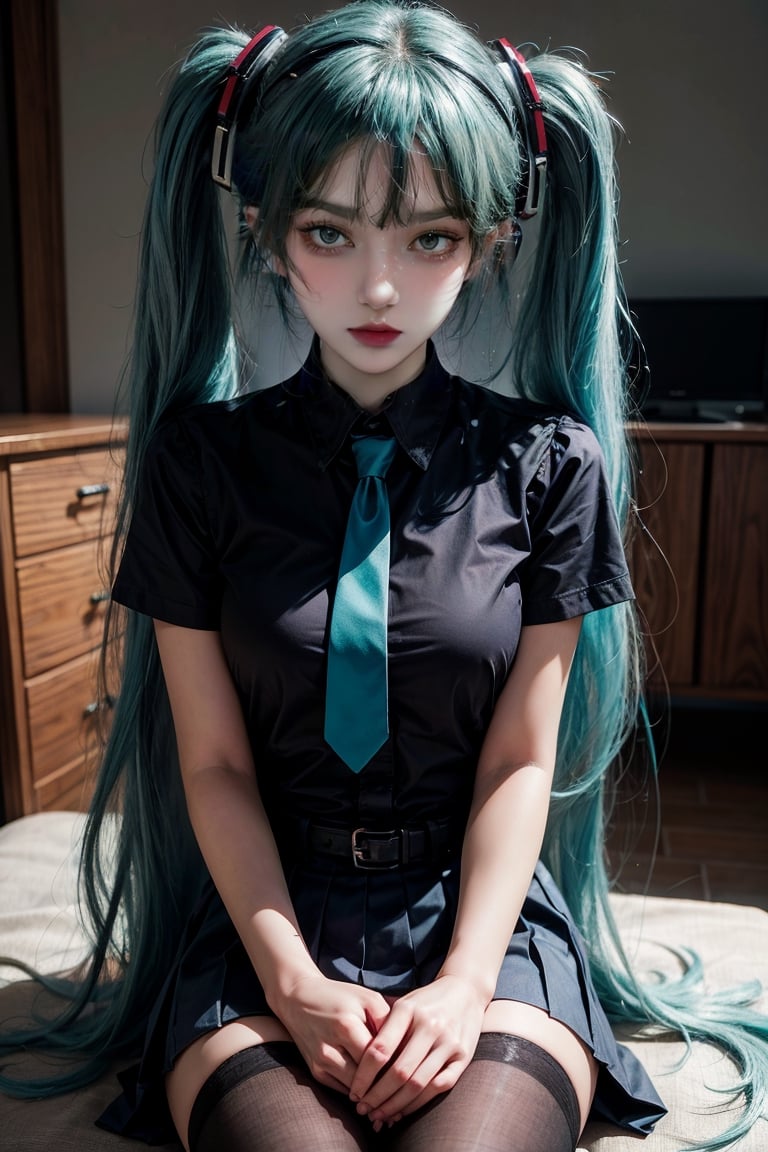 female, ((masterpiece, best quality, ultra detailed, absurdres):1.5),mikusound,,miku, hatsune_miku, skirt, holding,shirt, gloves, holding, hair between eyes, twintails, very long hair, closed mouth, standing, short sleeves, pantyhose, pleated skirt, necktie, collared shirt, belt, miniskirt, aqua eyes, blue skirt, black pantyhose, black shirt, aqua hair,head phone, photorealistic, sitting