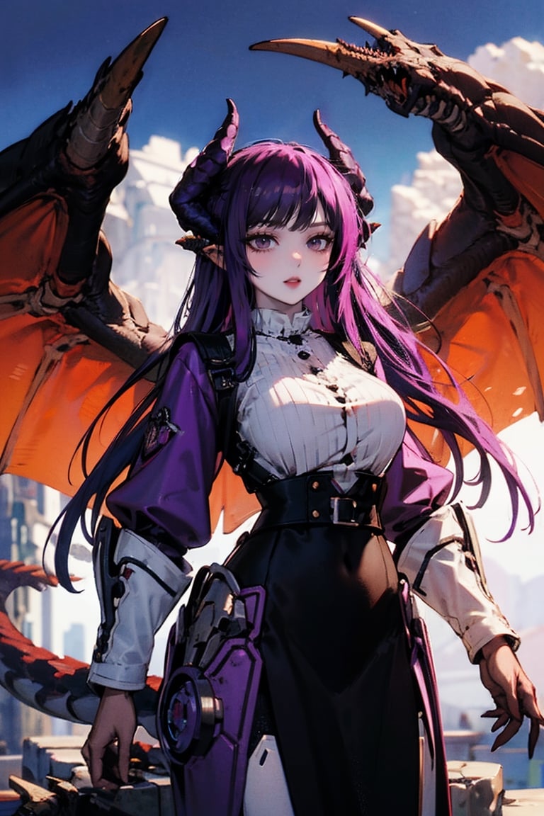 female, ((masterpiece, best quality, ultra detailed, absurdres):1, purple hair,retroartstyle,dragon ear,dragon mechanic,Pixel art,orange eyes,fern