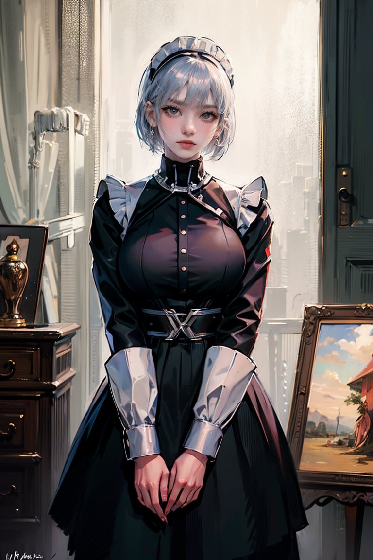 female, ((masterpiece, best quality, ultra detailed, absurdres), girl), (beauty girl), (ultra-high picture quality) ,(ultra realistic,32k, masterpiece:1.2),(high detailed skin:1.1),( high quality:1.1), A cute girl with white hair, ,ellenjoe, maid_costume, 