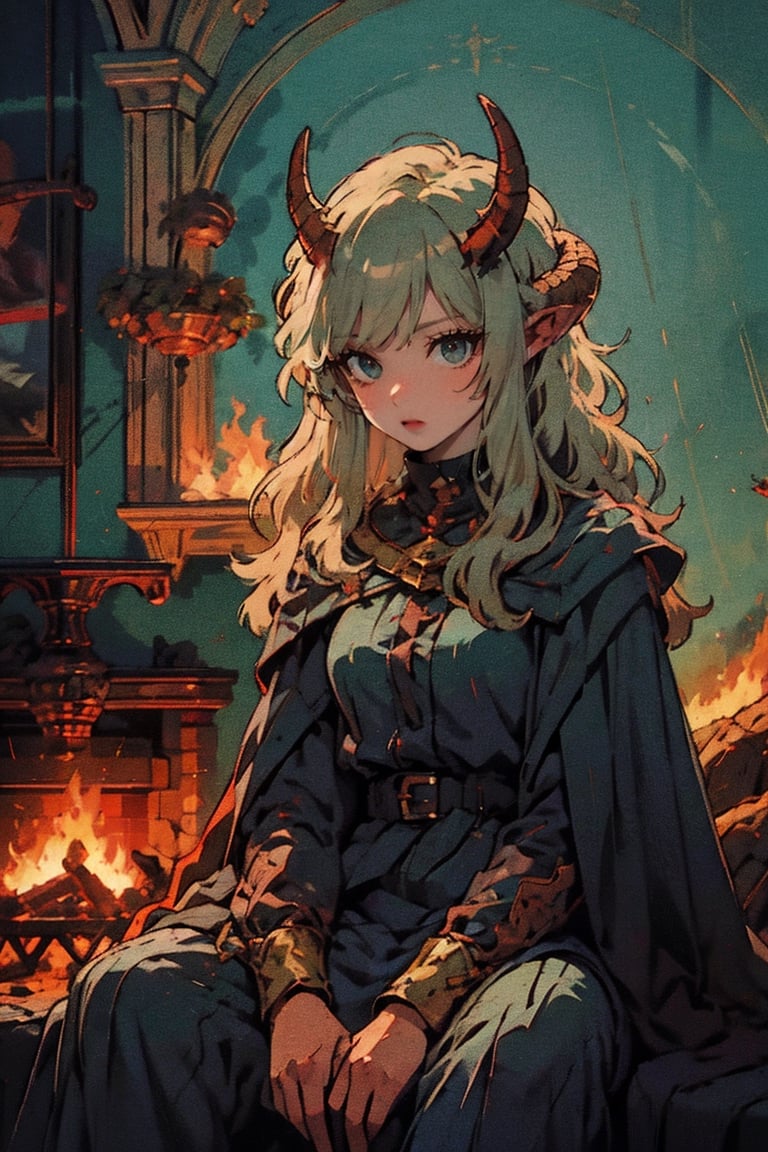 female, ((masterpiece, best quality, ultra detailed, absurdres),
green eyes, horns, no humans, fire,green theme, sitting