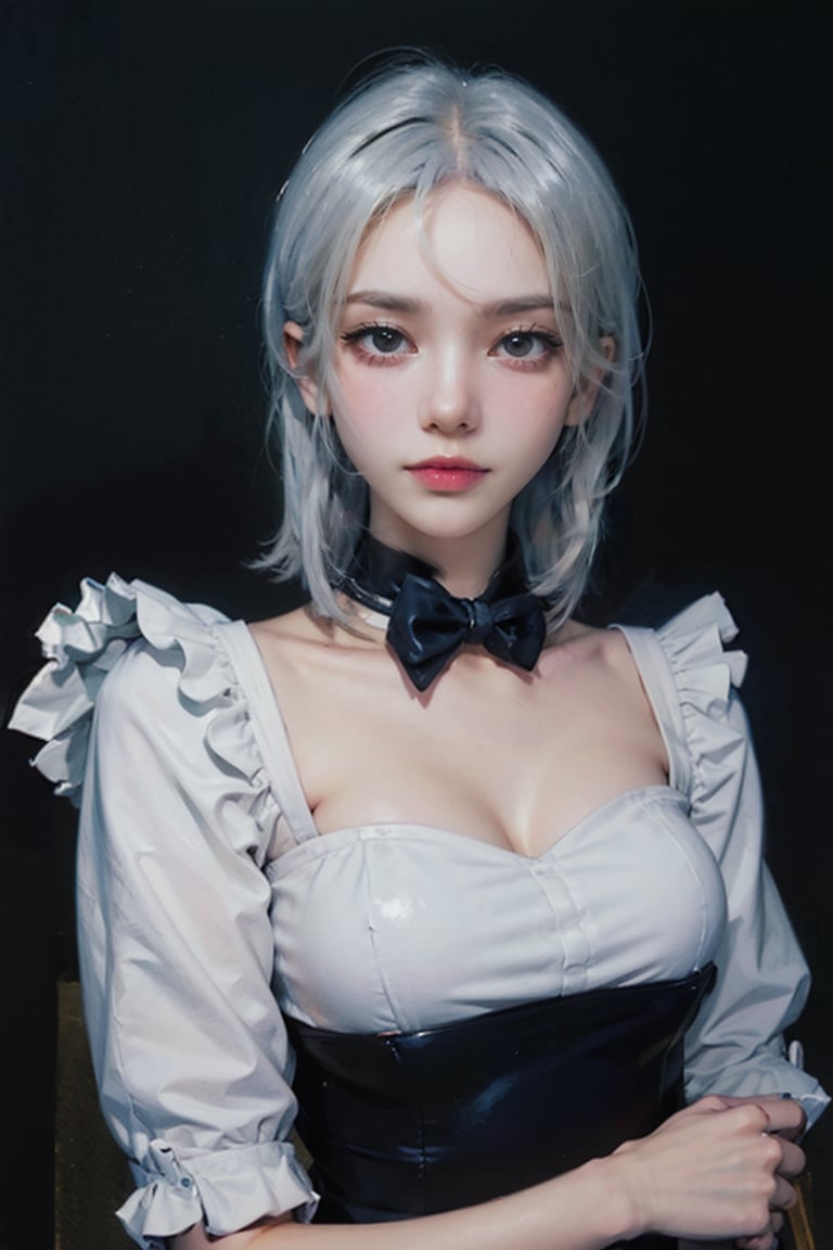 female, ((masterpiece, best quality, ultra detailed, absurdres), girl), (beauty girl), (ultra-high picture quality) ,(ultra realistic,32k, masterpiece:1.2),(high detailed skin:1.1),( high quality:1.1), A cute girl with white hair, ,ellenjoe, maid_costume, 