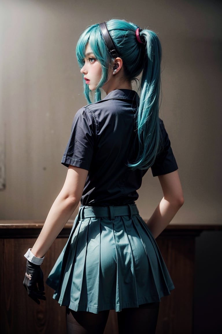 female, ((masterpiece, best quality, ultra detailed, absurdres):1.5),mikusound,miku, hatsune_miku, skirt, holding,shirt, gloves, holding, hair between eyes, twintails, very long hair, closed mouth, standing, short sleeves, pantyhose, pleated skirt, necktie, collared shirt, belt, miniskirt, aqua eyes, blue skirt, black pantyhose, black shirt, aqua hair,head phone, photorealistic, viewed_from_behind